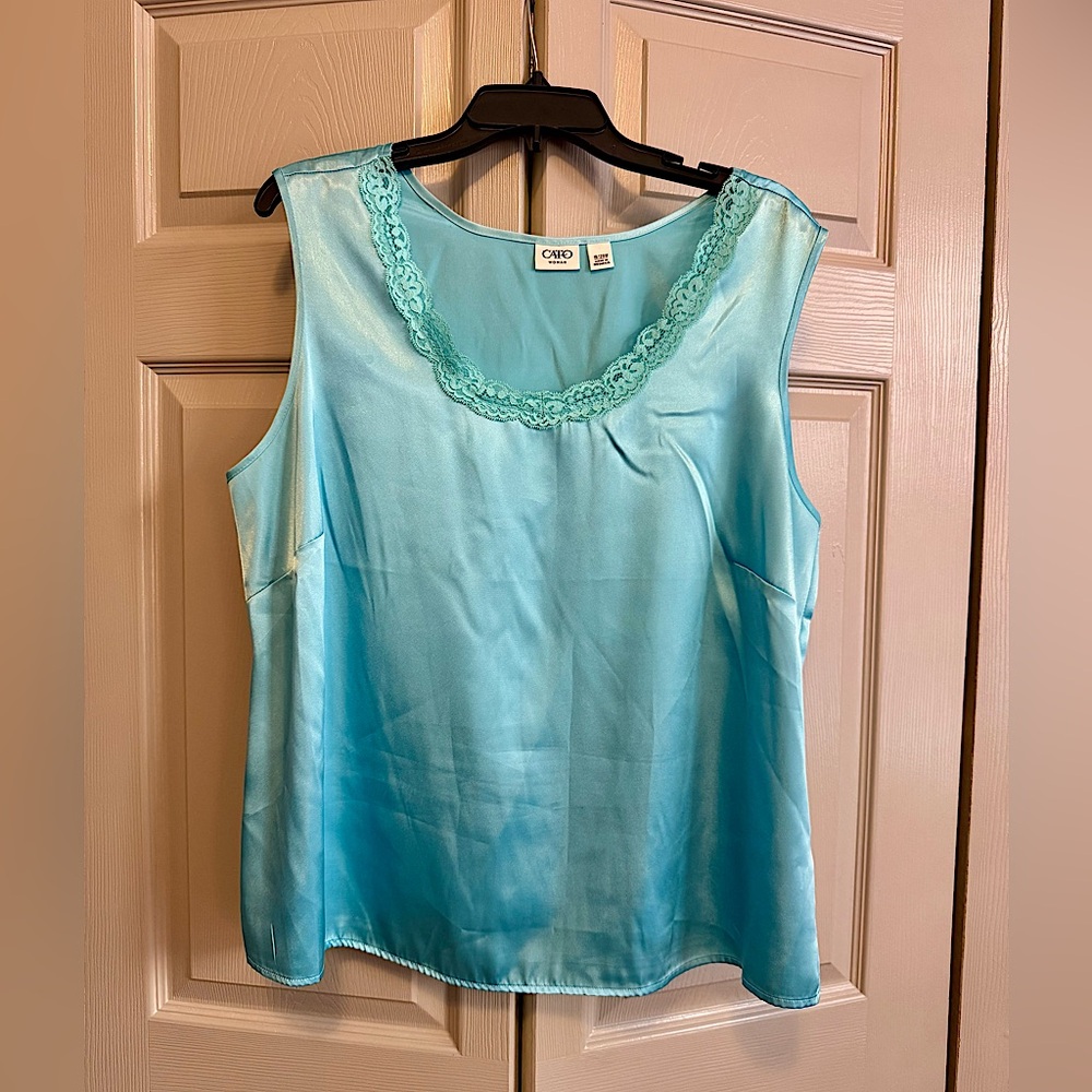 Cato Blue Satin Lace Trimmed Neckline Sleeveless Top